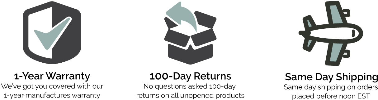 1 year warranty, 100 day returns and free same day shipping.