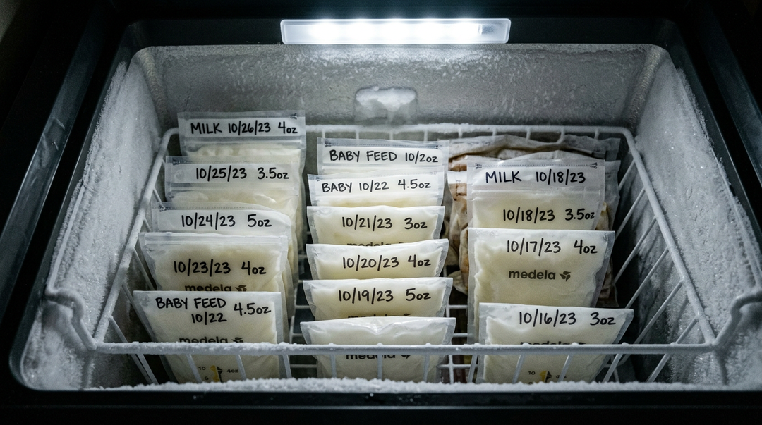 rganized breast milk storage bags labeled by date and volume in a freezer for safe breast milk storage and inventory management