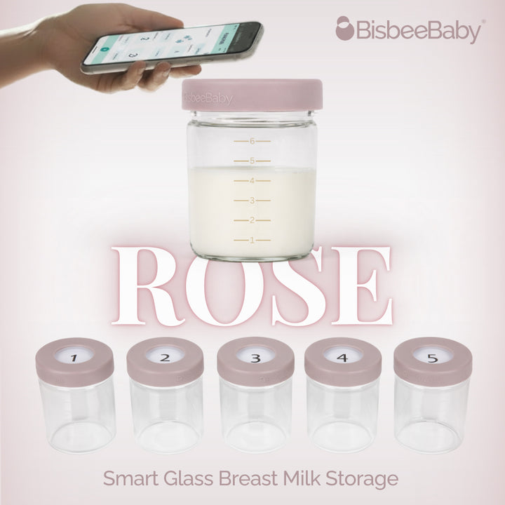 BisbeeBaby smart glass breast milk storage jars colored rose numbered 1 to 5 with NFC-enabled lids, shown with the Cubtale app for easy breast milk tracking and organization.