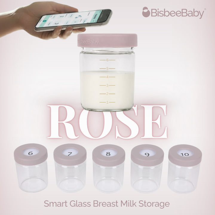 BisbeeBaby smart glass breast milk storage jars colored rose numbered 6 to 10 with NFC-enabled lids, shown with the Cubtale app for easy breast milk tracking and organization.