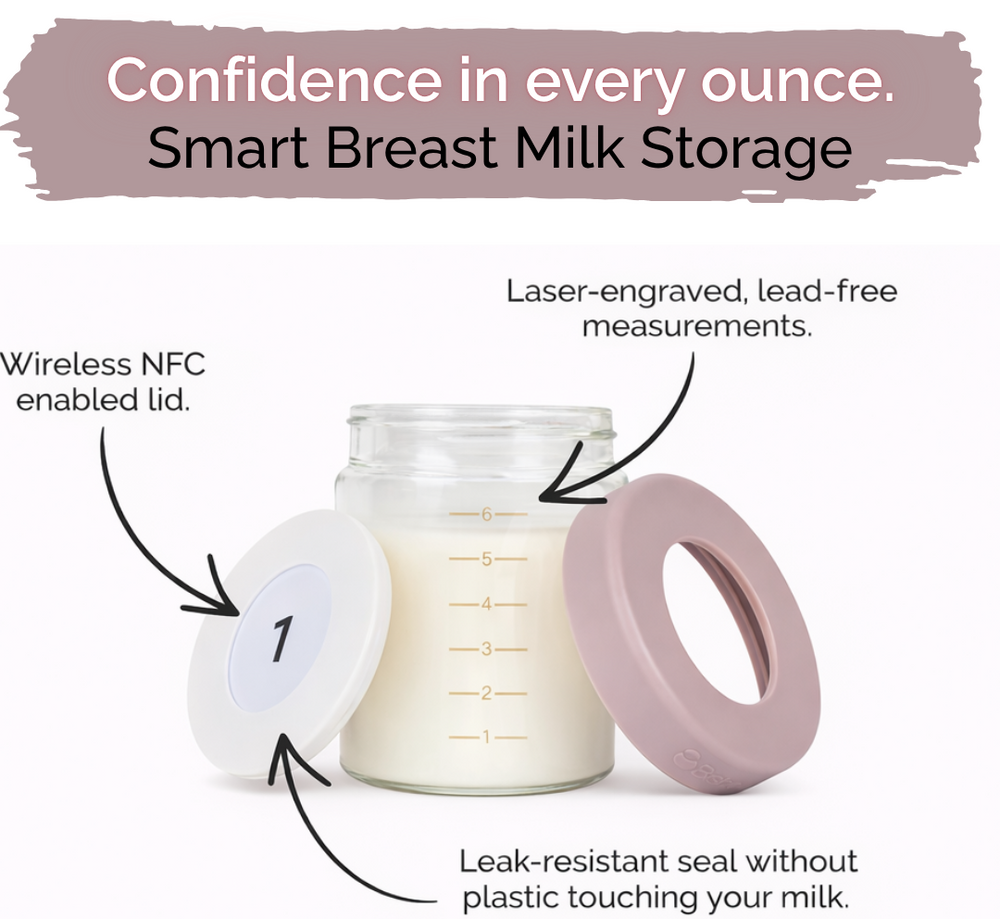 Glass breast milk storage jar with NFC-enabled lid, leak-resistant silicone seal, and laser-engraved measurements for safe milk storage and tracking.