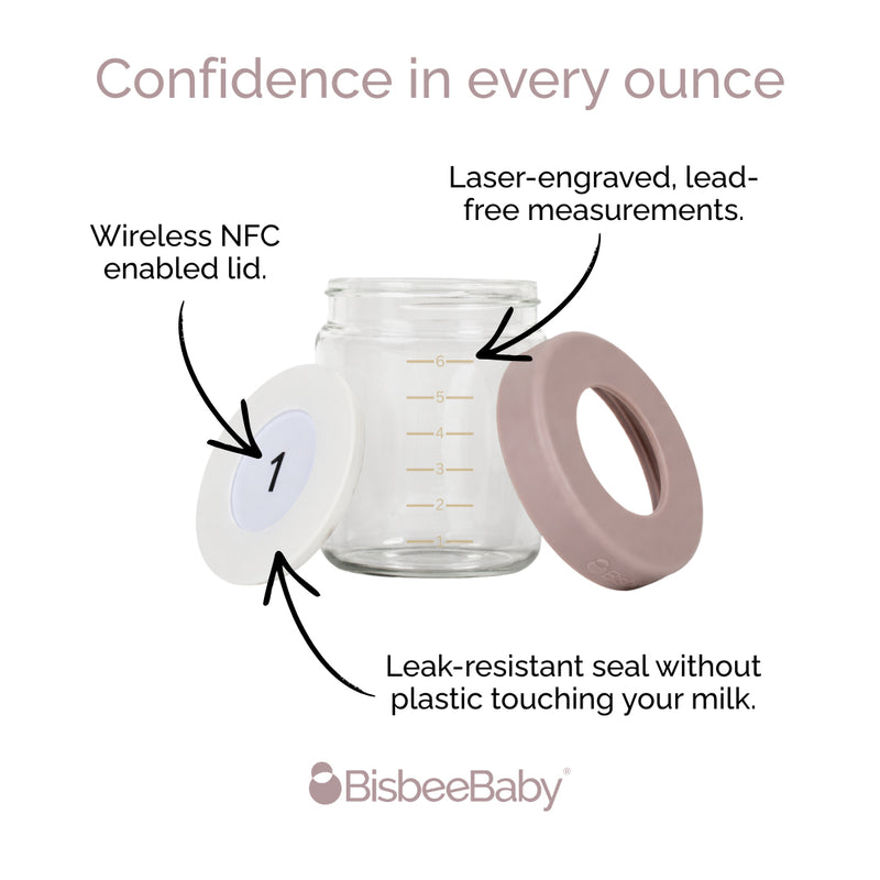 BisbeeBaby glass breast milk storage jar with NFC-enabled numbered lid and leak-resistant, plastic-free seal for confident milk storage.