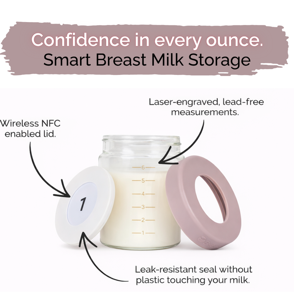 Glass breast milk storage jar with NFC-enabled lid, leak-resistant silicone seal, and laser-engraved measurements for safe milk storage and tracking.