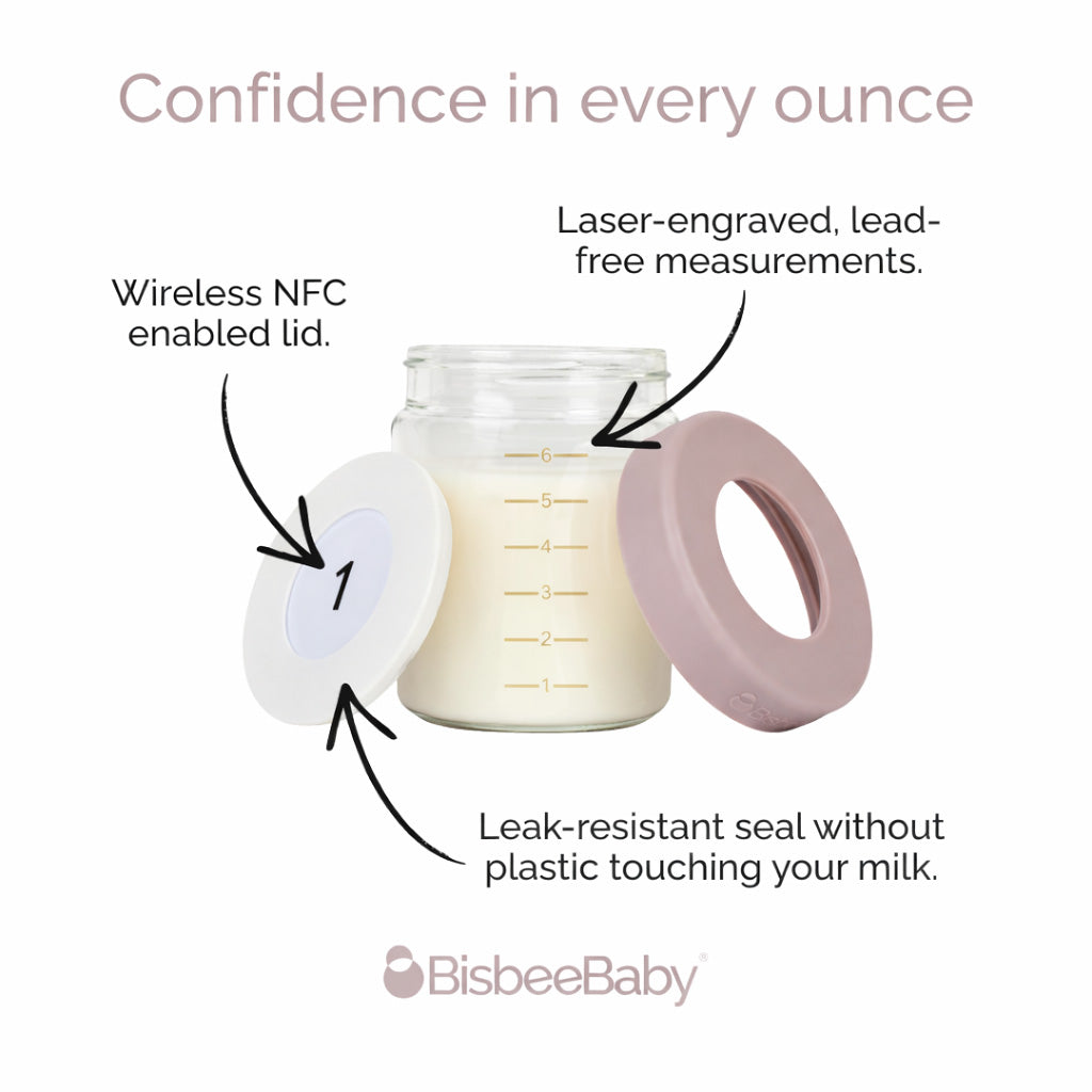 BisbeeBaby glass breast milk storage jar with NFC-enabled numbered lid and leak-resistant, plastic-free seal for confident milk storage.