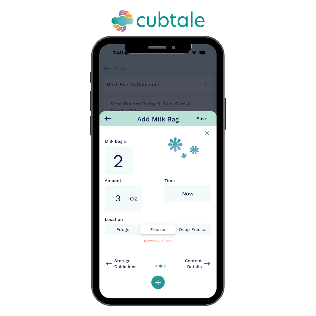 Smartphone displaying the Cubtale app logging breast milk jar details, including amount, time, and storage location, for easy breast milk tracking.