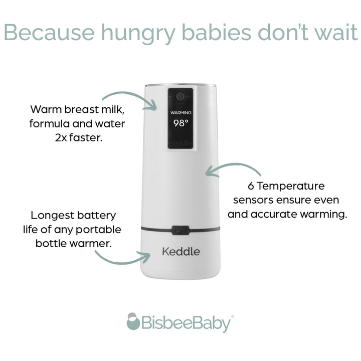 BisbeeBaby Keddle cordless portable bottle warmer designed to quickly warm breast milk, formula, or water with accurate temperature control and long battery life.