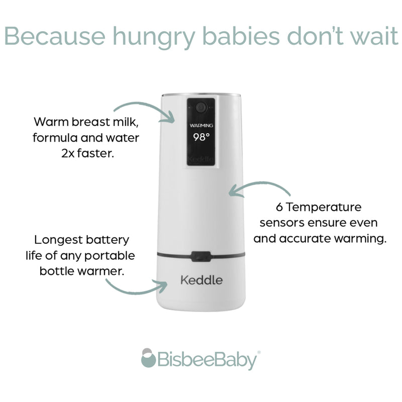 BisbeeBaby Keddle cordless portable bottle warmer designed to quickly warm breast milk, formula, or water with accurate temperature control and long battery life.