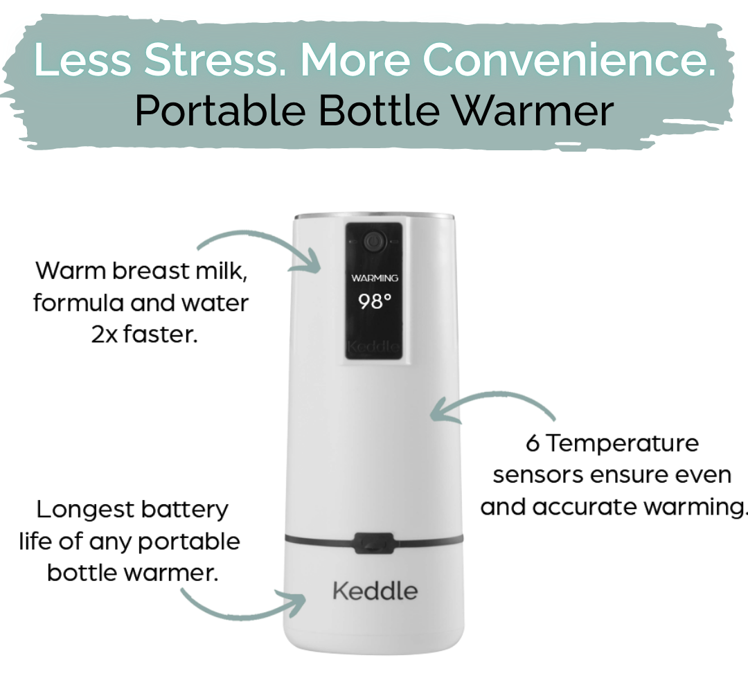 Keddle portable bottle warmer warms breast milk, formula, and water up to 2x faster with long battery life and six temperature sensors for safe, even warming.