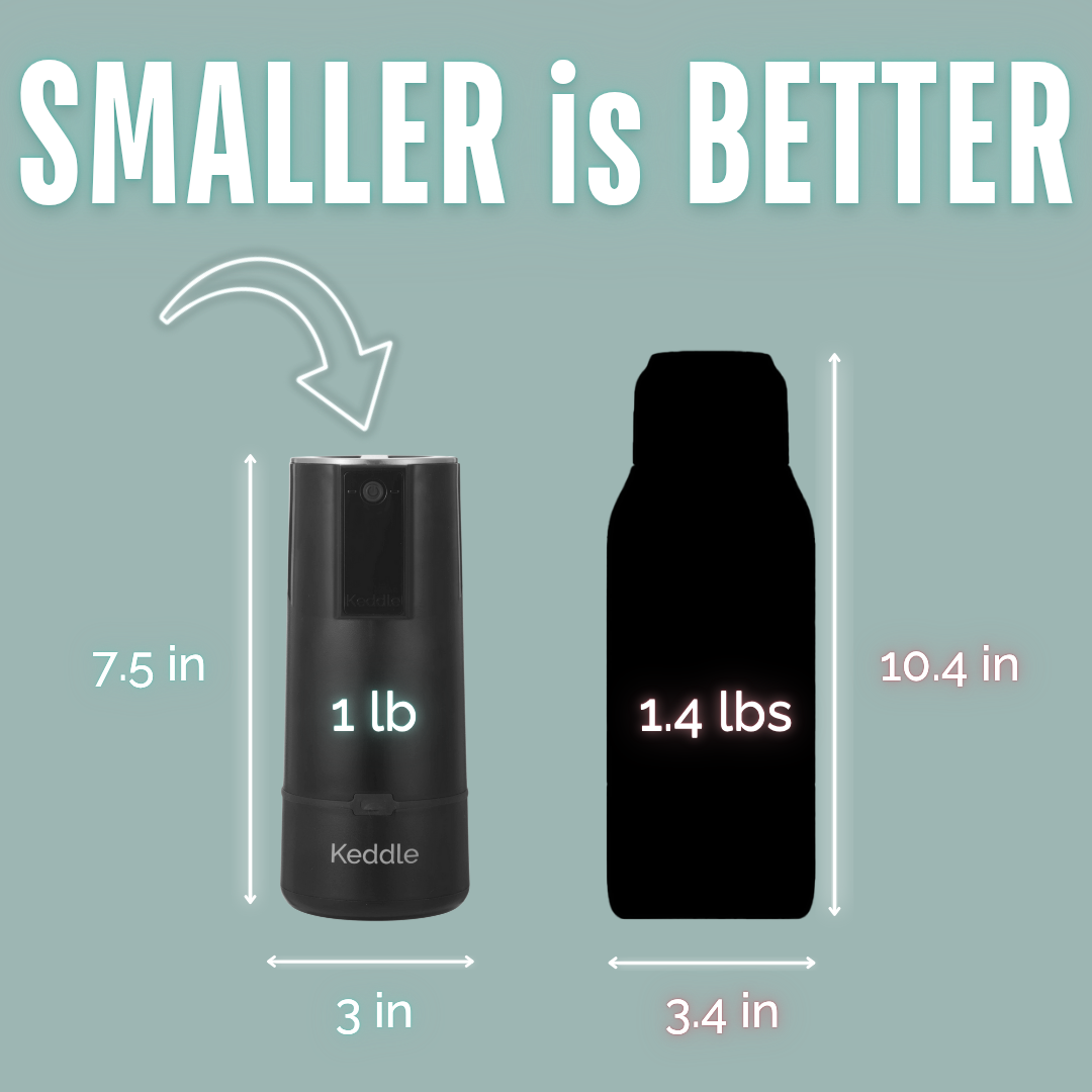 BisbeeBaby Keddle cordless portable bottle warmer compared in size and weight to a larger traditional bottle warmer, highlighting its compact 7.5-inch height and lightweight 1-pound design.