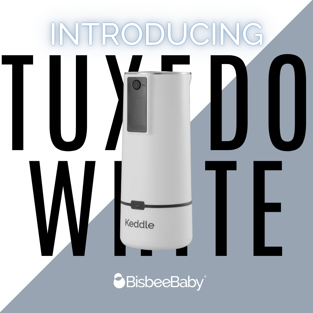 BisbeeBaby Keddle cordless portable bottle warmer in white, introducing a compact, fast bottle warming solution for feeding on the go.