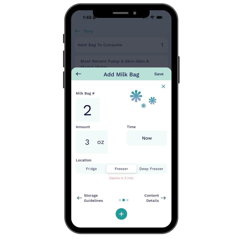 Smartphone displaying the BisbeeBaby app logging breast milk jar details, including amount, time, and storage location, for easy breast milk tracking.
