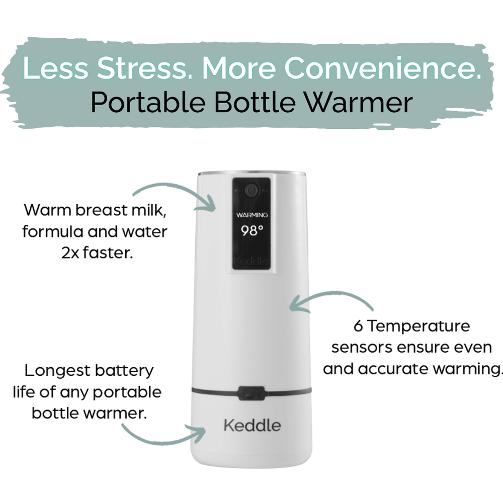 Keddle portable bottle warmer warms breast milk, formula, and water up to 2x faster with long battery life and six temperature sensors for safe, even warming.